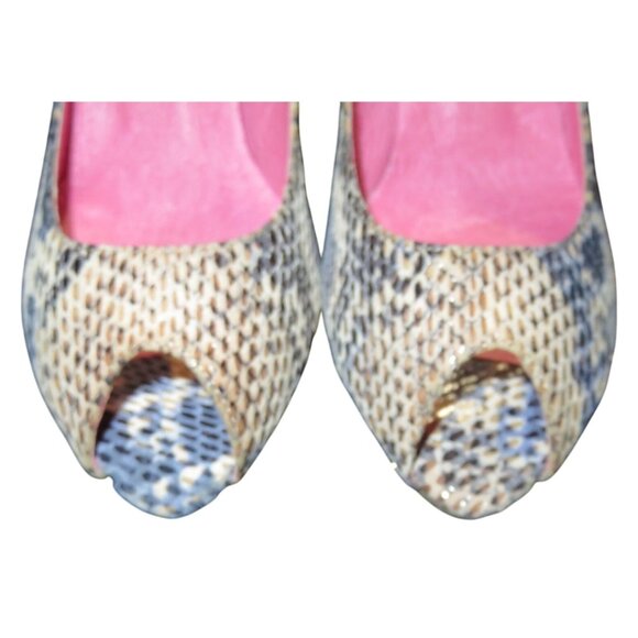 Crown Vintage Natural & Blue Python Embossed Leather Peep toe pumps size 8.5 - Picture 2 of 12